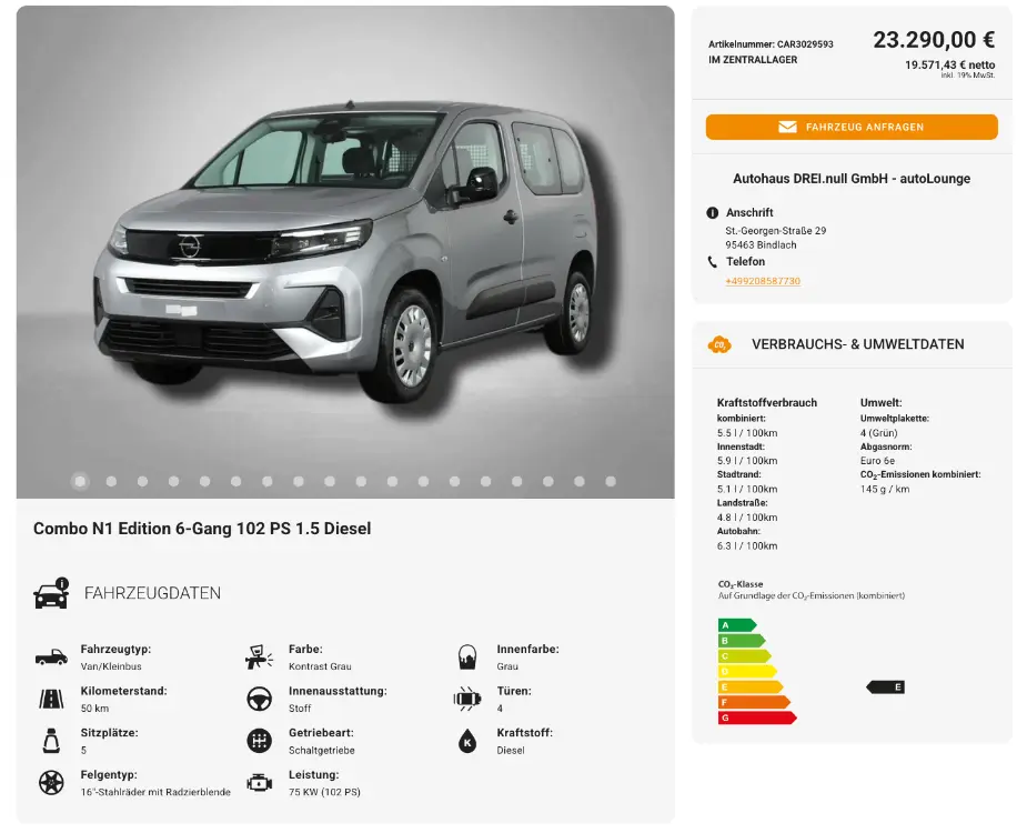 Detaillierte Fahrzeugansicht im audesk CRM mit technischen Daten, Preis und Verbrauchsangaben.
