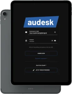 Mobile Ansicht des audesk CRM Logins auf einem Tablet für Autohändler.