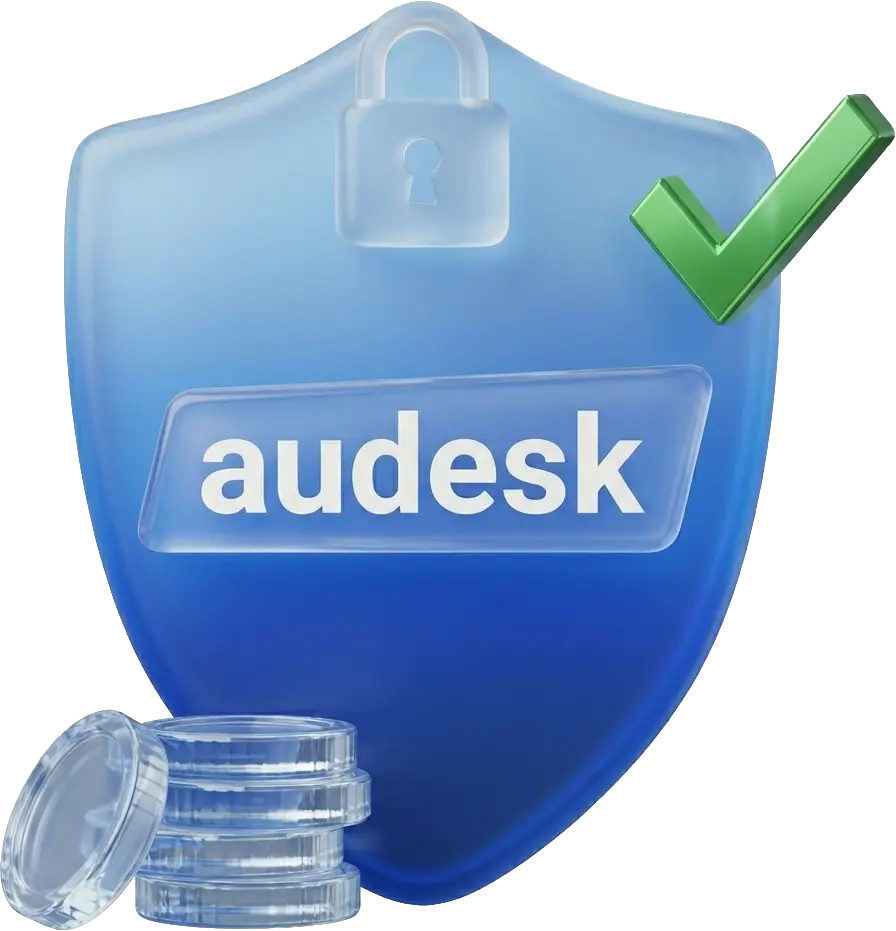 Schutzschild mit audesk Logo und Schloss-Symbol für sichere Finanzierung und Garantieabwicklung im Autohaus.